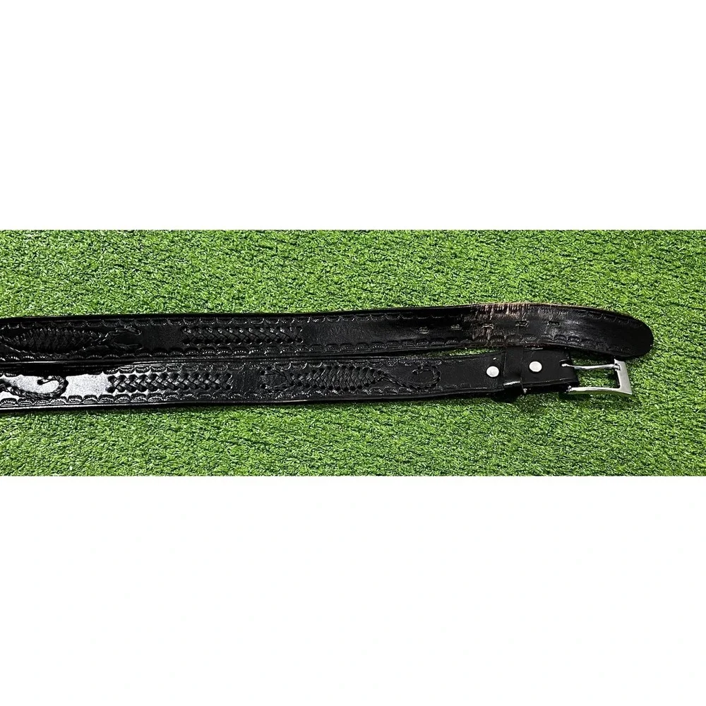 Vintage Leather Western Belt SZ‎ 42 Black Lace Accents Scorpion Design silver